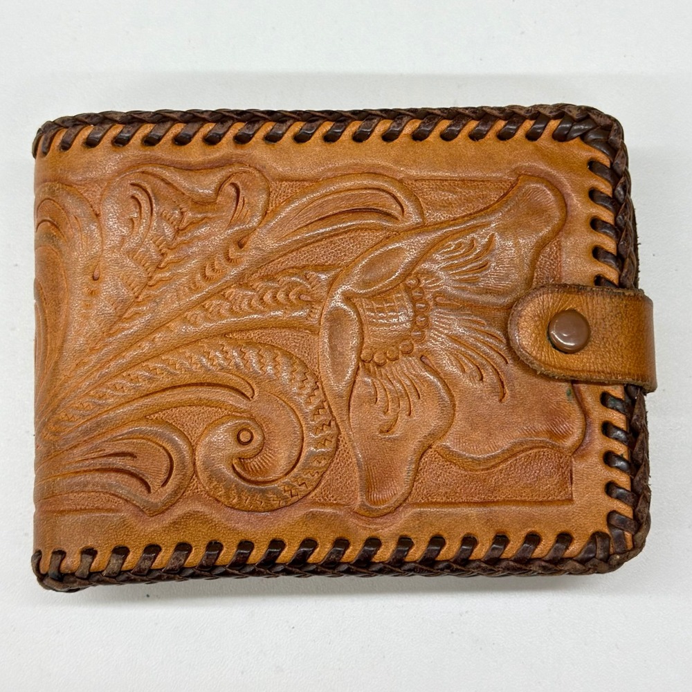 Vtg  Joo-Kay Real Leather Tooled Floral Bifold Wallet Western‎ Whipstitch Brown
